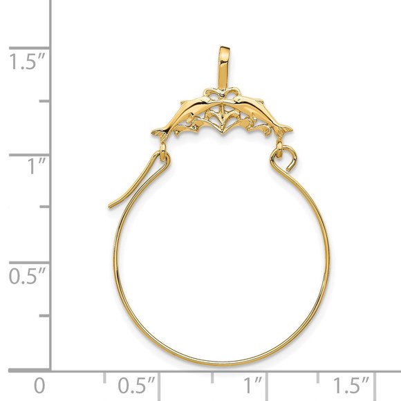 14k Yellow Gold Double Dolphins Charm Holder Pendant - Picture 3 of 3